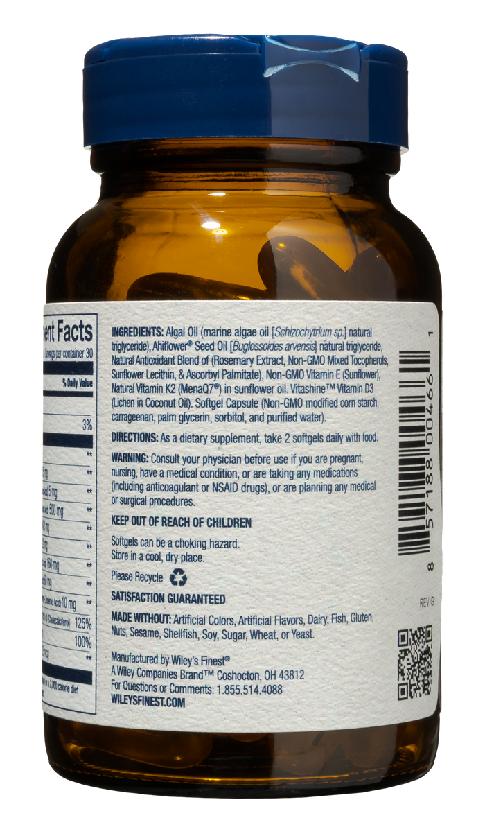A close-up of a bottle of Wiley's Finest Catchfree Omega-3, a vegan supplement rich in DHA sourced from algal oil.