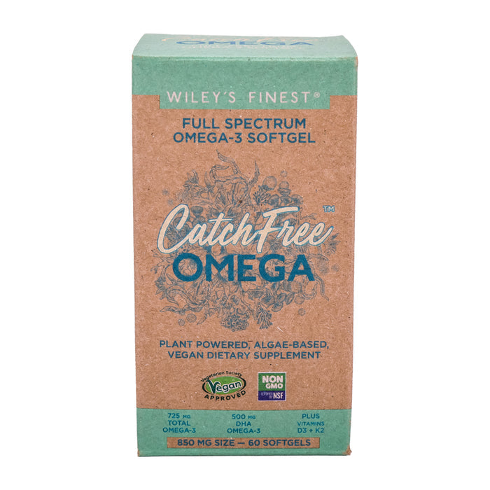 Wileys Finest Catchfree Omega-3 offers a box of 60 vegan, non-GMO softgels, each containing 850 mg of algae-based nutrients. This full spectrum omega-3 supplement supports EPA, DHA, vitamin D3, and K2 intake and provides essential Omega 3-6-9 for optimal health.