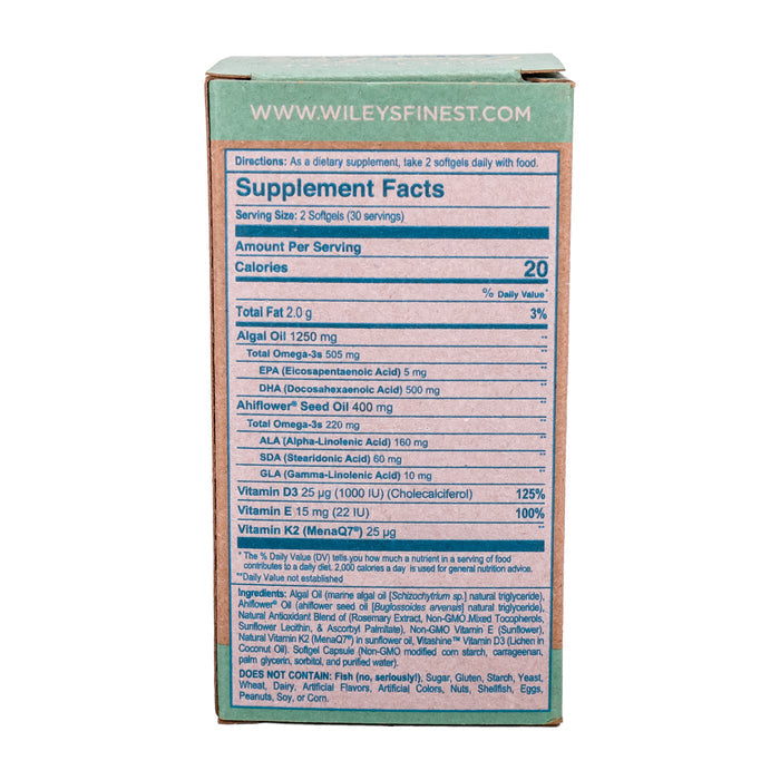 The image displays a Wileys Finest Catchfree Omega-3 supplement box, featuring ingredients like vegan DHA, algal oil, AhiFlower seed oil, EPA, and DHA. Each serving of 2 softgels provides essential nutrients such as ALA, GLA, SDA, and vitamins D3 and K2. The container includes 30 servings.