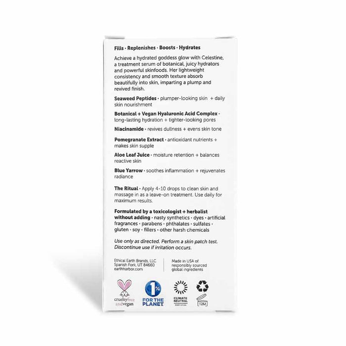 The CELESTINE Hydra-Peptide Replenishing Serum by Earth Harbor comes in a white box with text detailing its celestial radiance features like hydration, cruelty-free certification, vegan hyaluronic acid, and pomegranate extract. Instructions for use and recycling symbols are at the bottom.