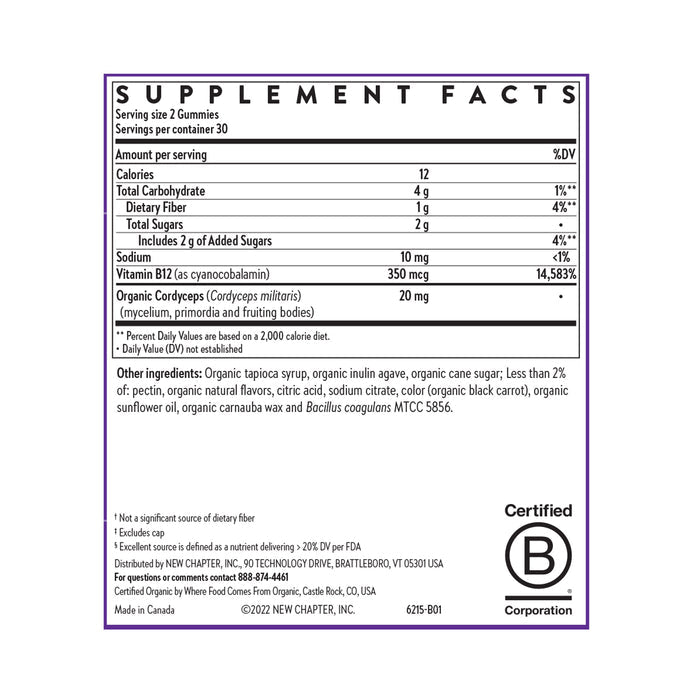 The Cellular Energy Vitamin B12 + Gummy by New Chapter offers a supplement facts label detailing calories, carbs, sugars, and organic cordyceps. Certified by B Corporation and made in Canada, this vegan product supports healthy nerve function with each bite.