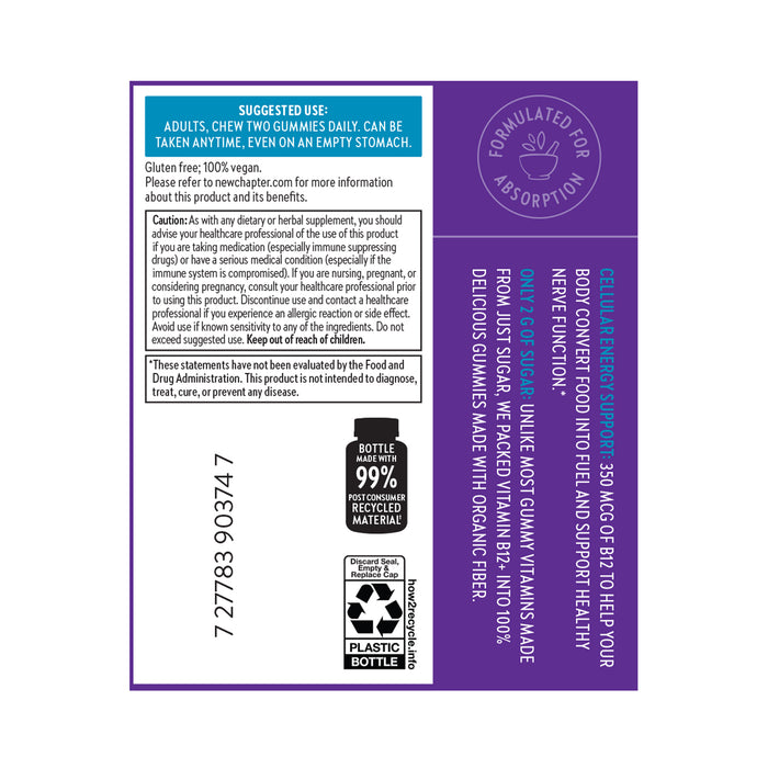 The New Chapter Cellular Energy Vitamin B12 + Gummy label advises adults to chew two gummies daily for nerve health. Its a vegan, gluten-free, non-GMO certified supplement featuring suggested use, caution, contact details, and recycling information.