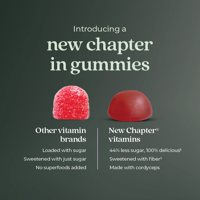 Two gummies are shown: the left, a sugar-coated red vitamin from another brand; the right, a smooth dark red New Chapter Cellular Energy Vitamin B12 + Gummy (Raspberry Flavored), emphasizing vegan cellular energy and healthy nerve function.