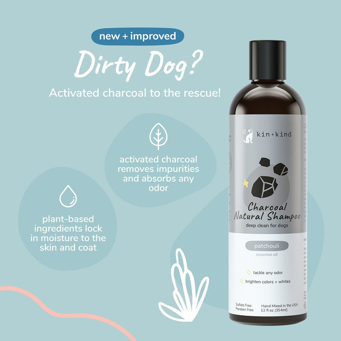 Bottle of kin+kind Charcoal Deep Clean Natural Shampoo for Dogs with patchouli oil. This hypoallergenic formula uses activated charcoal to absorb odors, featuring plant-based ingredients to remove impurities and moisturize. Decorated with leaf doodles.