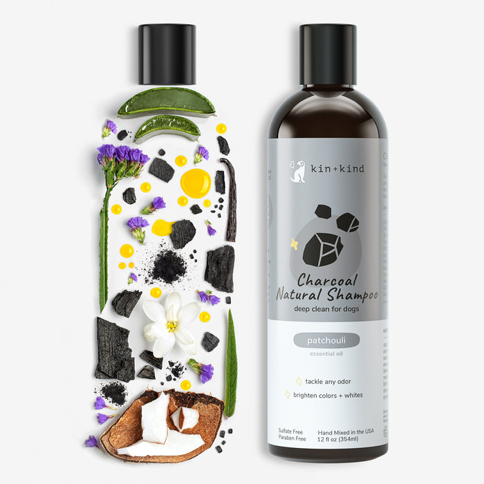 A bottle of kin+kind Charcoal Deep Clean Natural Shampoo for Dogs is shown with activated charcoal, aloe vera, coconut, and small purple flowers. The sleek black bottle has a crisp white label, highlighting its gentle care focus.