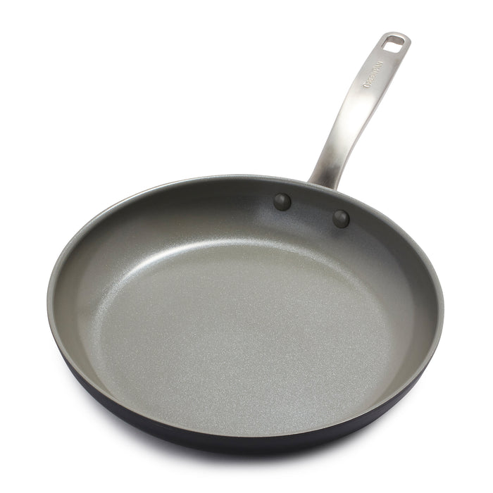 The GreenPan Chatham Open Frypan, 12 in, is PFAS-free and features a smooth dark gray ceramic non-stick surface with a metallic silver handle, shown from above on a white background.
