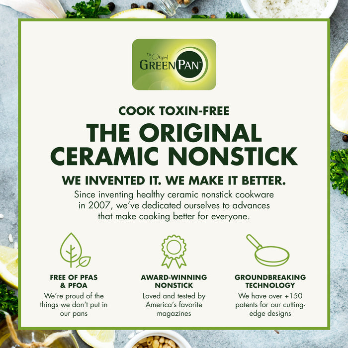 GreenPan highlights its Chatham 12" Open Frypan, featuring original ceramic nonstick that's PFAS-free and hard anodized. Known for safety, award-winning quality, and over 150 patented technologies.