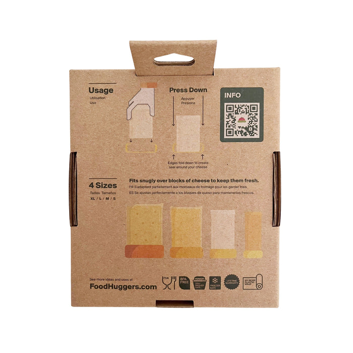 The cardboard packaging for Food Huggers Cheese Huggers provides usage instructions in three steps: place hard cheese, press down, and seal. It also features a QR code, information section, and visuals of four space-saving sizes (XS, M, L, XL) to keep cheese fresh.