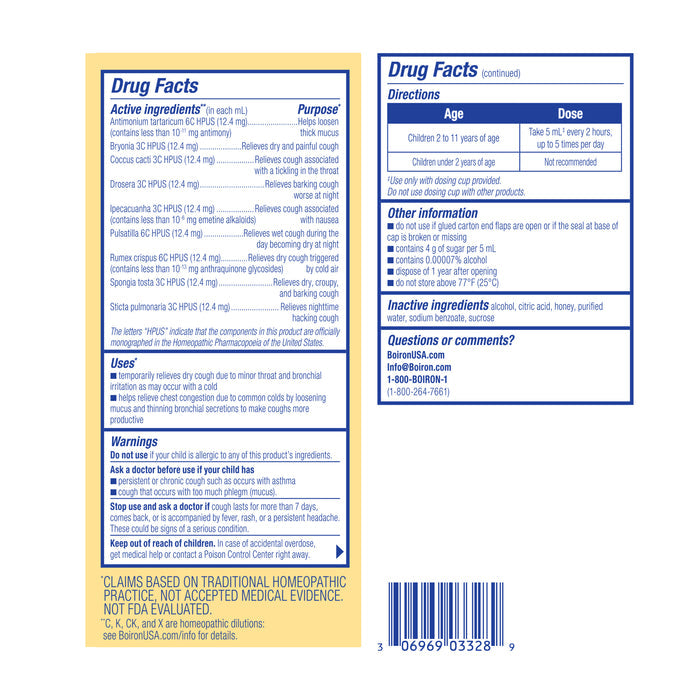 The Drug Facts label for Boiron Chestal Kids includes sections on active ingredients and purposes, age-specific directions, warnings, other info, and inactive ingredients. It refers to traditional homeopathic practices like this syrup and notes FDA non-evaluation at the bottom.