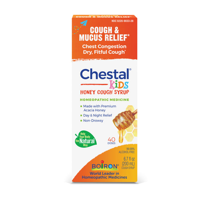 Boirons Chestal Kids is a homeopathic cough syrup for chest congestion and dry cough. It features an Acacia honey dipper image, offers non-drowsy relief day and night, and contains 6.7 fl oz (200 ml).