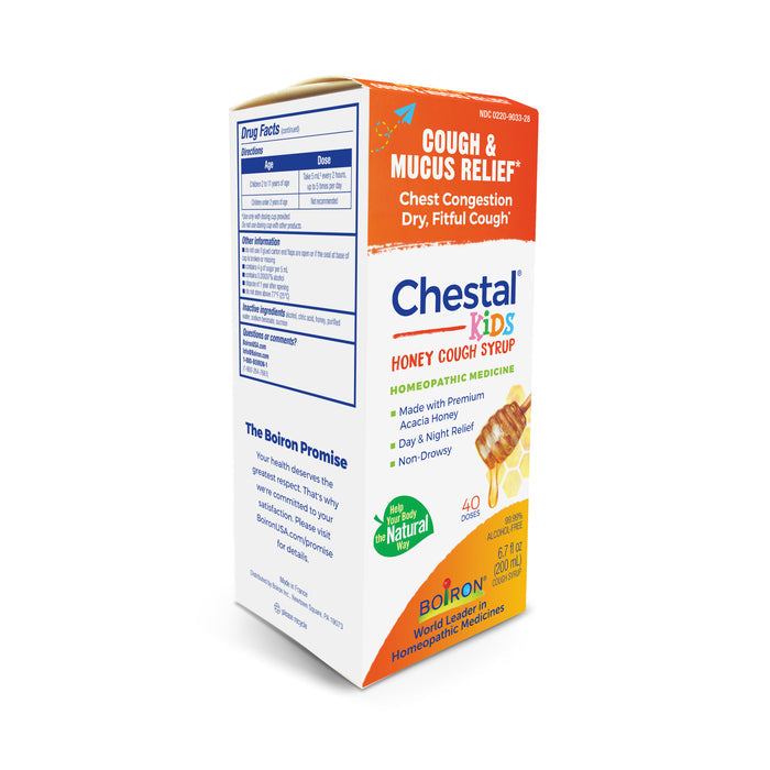 Chestal Kids by Boiron provides effective coughing and mucus relief. This homeopathic syrup, rich in natural ingredients with Acacia honey as a main component, is designed to gently soothe children.