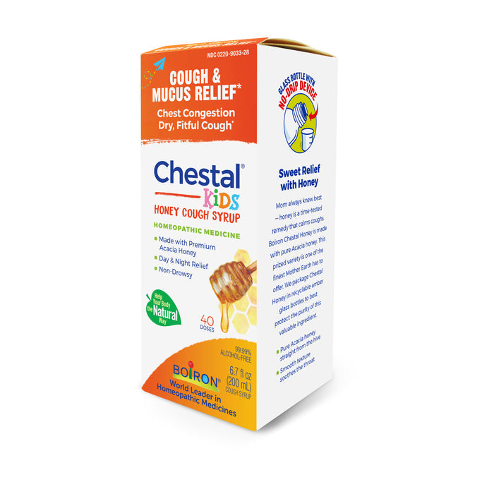 Boirons Chestal Kids Honey Cough Syrup offers cough and mucus relief with soothing acacia honey. The box emphasizes natural ingredients, day and night relief, and a non-drowsy formula. The homeopathic syrup comes in a 6.7 fl oz (200 ml) bottle.