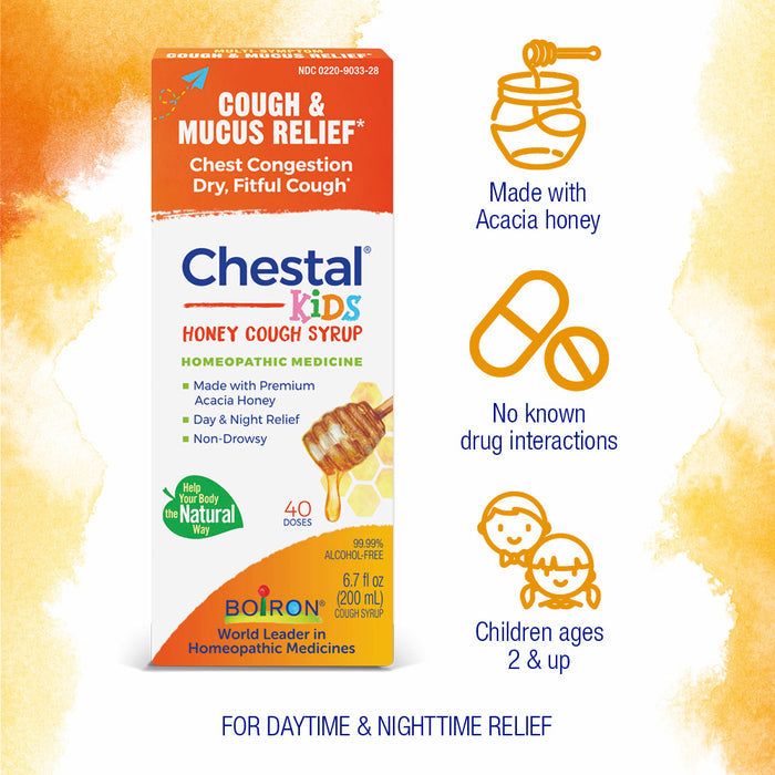 Image of a rectangular box of Chestal Kids Honey Cough Syrup by Boiron. The box highlights that it provides cough and mucus relief for children aged 2 and up, contains premium Acacia honey, has no known drug interactions, and is suitable for daytime and nighttime use.