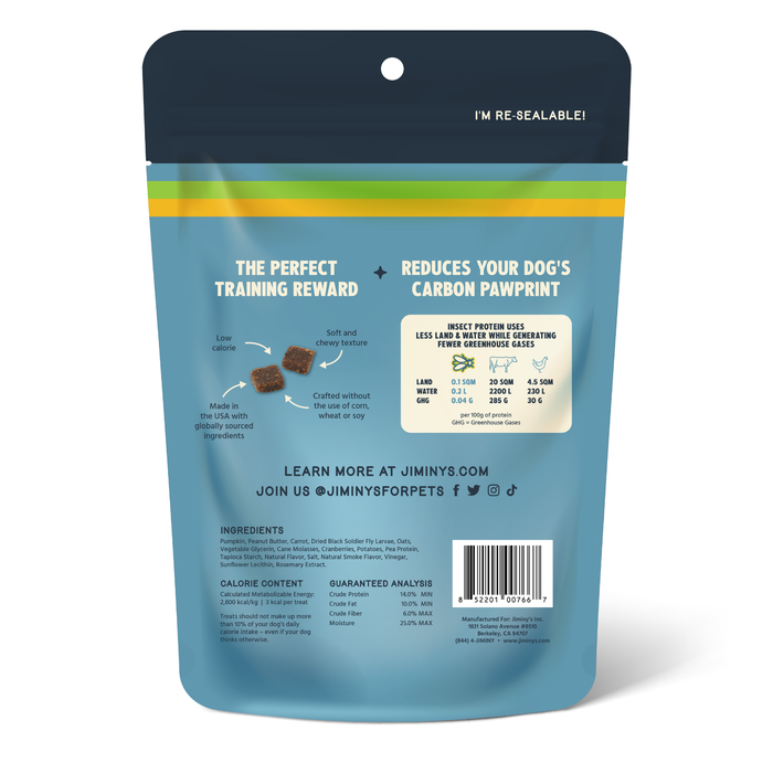 A blue resealable bag of Jiminy's Chewy Peanut Butter & Cranberry Training Treats highlights eco-friendly benefits, grub protein, and a chart comparing emissions. Allergy-friendly dog treats and nutritional details appear below.