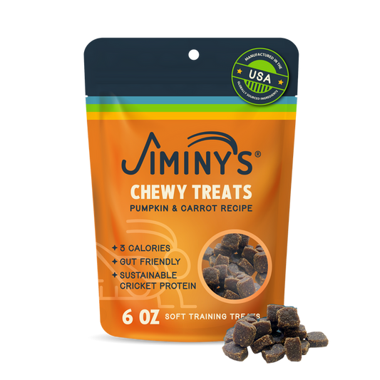 Jiminy's Chewy Pumpkin & Carrot Training Treats come in a 6 oz orange and blue bag and offer cricket protein for dogs. Each hypoallergenic treat has only 3 calories, is gut friendly, and provides sustainable protein.