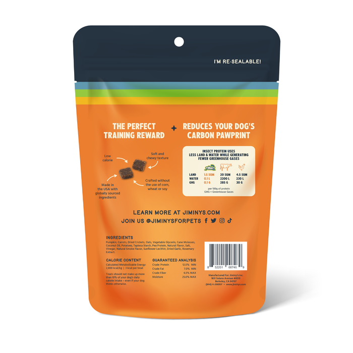 Back of an orange Jiminy's Chewy Pumpkin & Carrot Training Treats bag showing product info, benefits, ingredients, calories, analysis, barcode, and social media details. Highlights sustainable cricket protein and hypoallergenic training treat suitability.