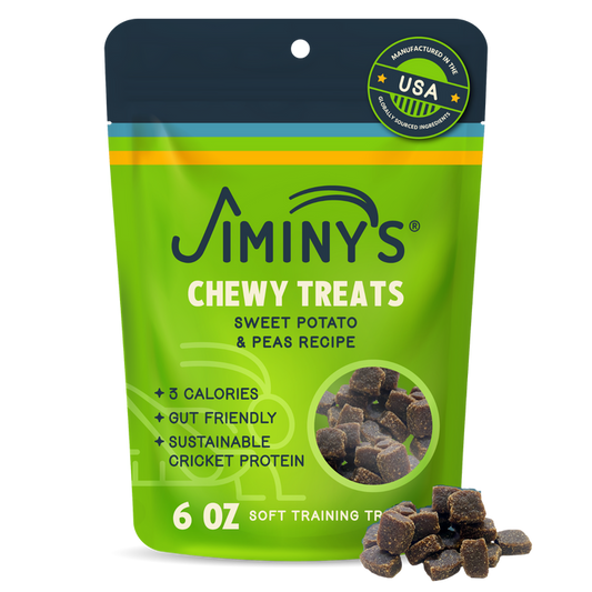 A green and yellow bag of Jiminy’s Chewy Sweet Potato & Peas Training Treats, 6 oz, with images of the treats; just 3 calories each—ideal for small dog training—with sustainable cricket protein.
