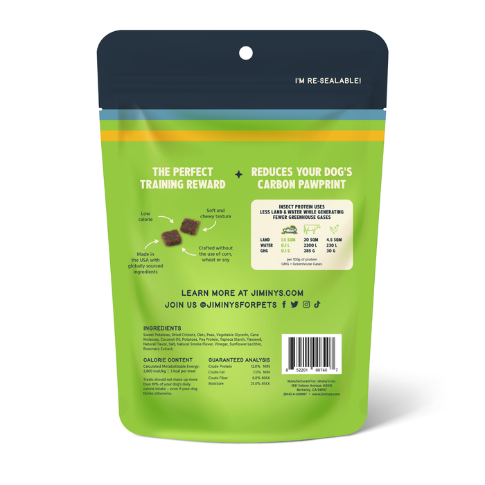 Back of a Jiminy's Chewy Sweet Potato & Peas Training Treats bag with text highlighting cricket protein, training treats for small dogs, reduced carbon pawprint, nutrition and ingredients info, social media handles, and website.