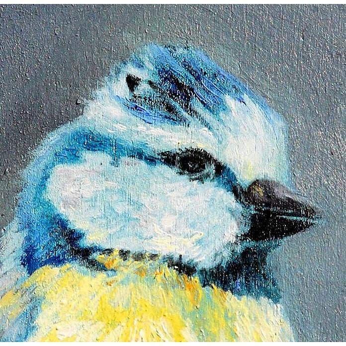Chickadee Bird on Cherry Branch Folk Art Scenic Landscape Oil Painting - Portraits by NC