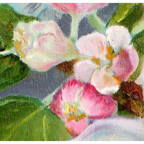 Chickadee Bird on Cherry Branch Folk Art Scenic Landscape Oil Painting - Portraits by NC