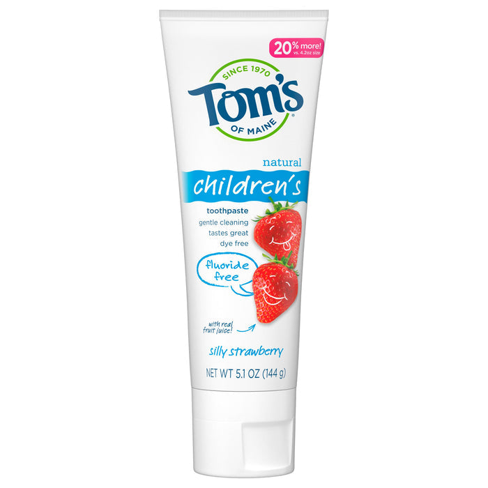 A 144 g (5.1 oz) tube of Toms of Maine Childrens Silly Strawberry Fluoride-Free Toothpaste, adorned with fun strawberry images, offers gentle cleaning and a delightful taste, making brushing enjoyable for kids.