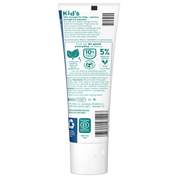 The white tube of Toms of Maine Childrens Silly Strawberry Fluoride-Free Toothpaste features educational details, such as a fluoride-free formula, commitment to sustainability, charitable donations, and eco-friendly practices emphasized via text and icons.