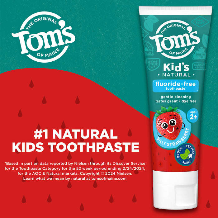 Image of Tom's of Maine Kid’s Natural Fluoride-Free Toothpaste. Silly Strawberry flavor with a smiling strawberry illustration. Text includes “#1 Natural Kids Toothpaste” and details about being gentle and dye-free. Suitable for ages 2 and up.