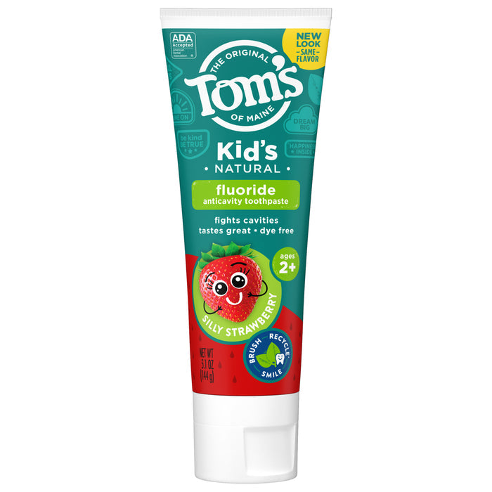 Toms of Maine Childrens Silly Strawberry Fluoride Toothpaste features vibrant packaging with a playful strawberry character. It boasts a silly strawberry flavor, offers cavity protection, and is ideal for kids aged 2 and up.