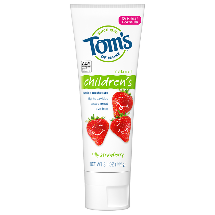 A 5.1 oz tube of Toms of Maine Childrens Silly Strawberry Fluoride Toothpaste features smiling strawberries and focuses on being dye-free while fighting cavities.