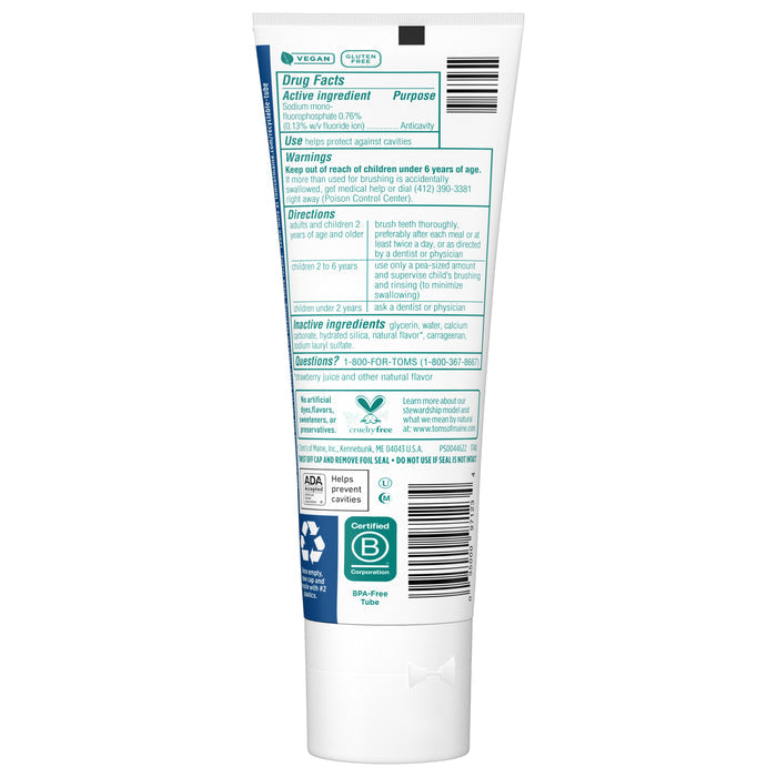 The back of Toms of Maine Childrens Silly Strawberry Fluoride Toothpaste tube shows a detailed label with drug facts, active ingredients, warnings, and directions. With its BPA-free package and natural ingredients, it ensures safe smiles for kids.