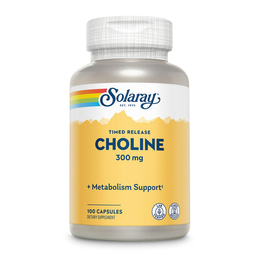 Discover Solarays Choline TR Capsule, a timed-release dietary supplement supporting metabolism with 300 mg dosage. The bottle holds 100 capsules, featuring a vibrant rainbow stripe and icons highlighting its dietary benefits.