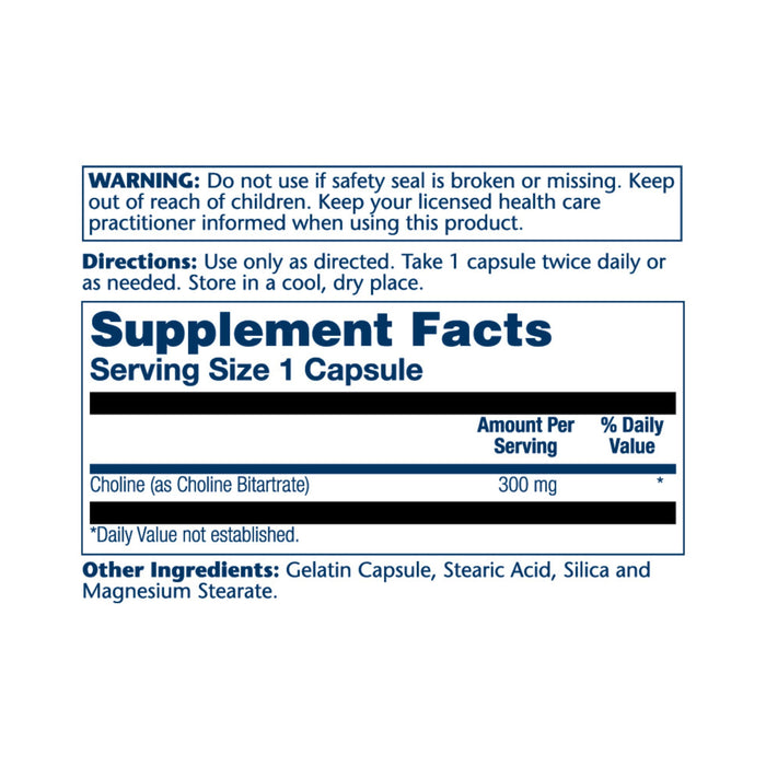The Solaray Choline TR Capsule label advises checking for broken seals and ensuring childrens safety. Directions: Take 1 capsule twice daily. Each serving contains 300 mg of Timed-Release Choline Bitartrate, with other ingredients like gelatin and magnesium stearate.
