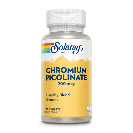 Solarays Chromium Picolinate, 200 mcg, is a dietary supplement with a yellow label promoting healthy blood glucose metabolism. Ideal for weight management programs, it includes 200 tablets and features a rainbow stripe and the Solaray logo.