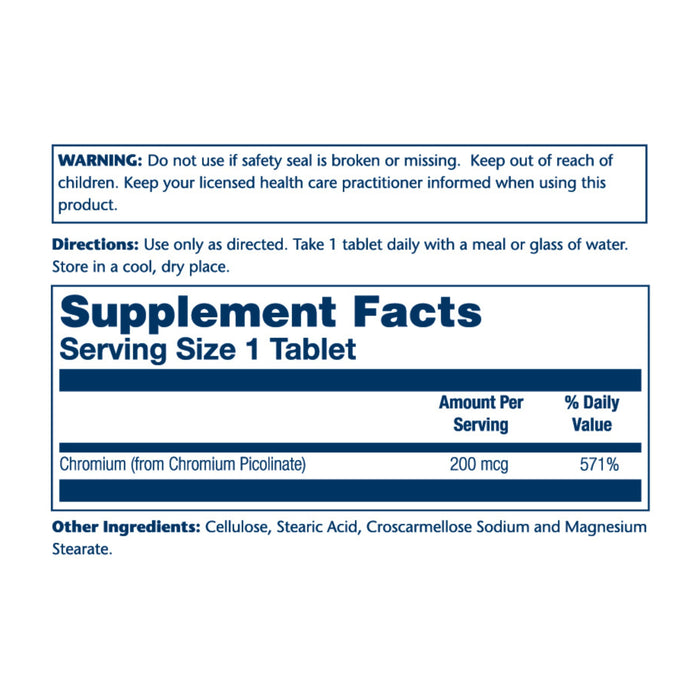 The label for Solaray Chromium Picolinate, 200 mcg, instructs to take one tablet daily with a meal or water. It supports blood glucose metabolism and weight management, containing cellulose and stearic acid.