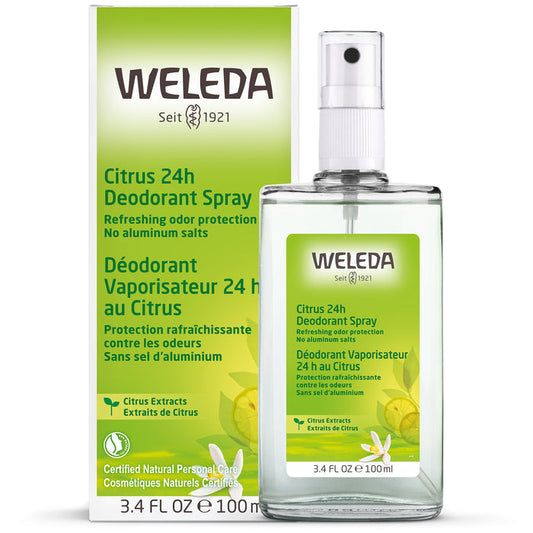 The image displays Weledas Citrus 24h Deodorant Spray, a refreshing citrus-scented, aluminum-free formula in a clear bottle with a spray nozzle. It offers 24-hour odor protection and contains 3.4 fl oz (100 ml) of natural goodness.