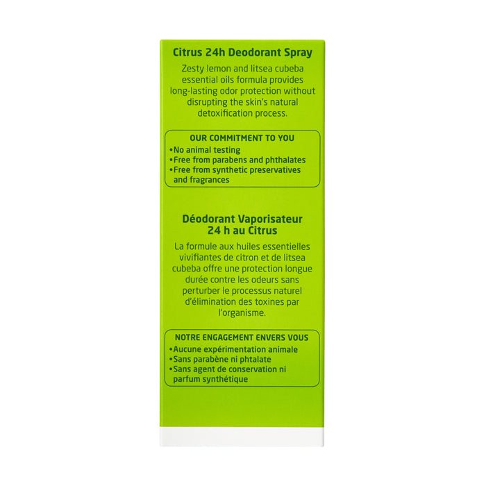 The Weleda Citrus 24h Deodorant Spray label, on a green background, describes its refreshing citrus scent and aluminum-free formula. It emphasizes being free from parabens and phthalates, cruelty-free, with text in English and French.