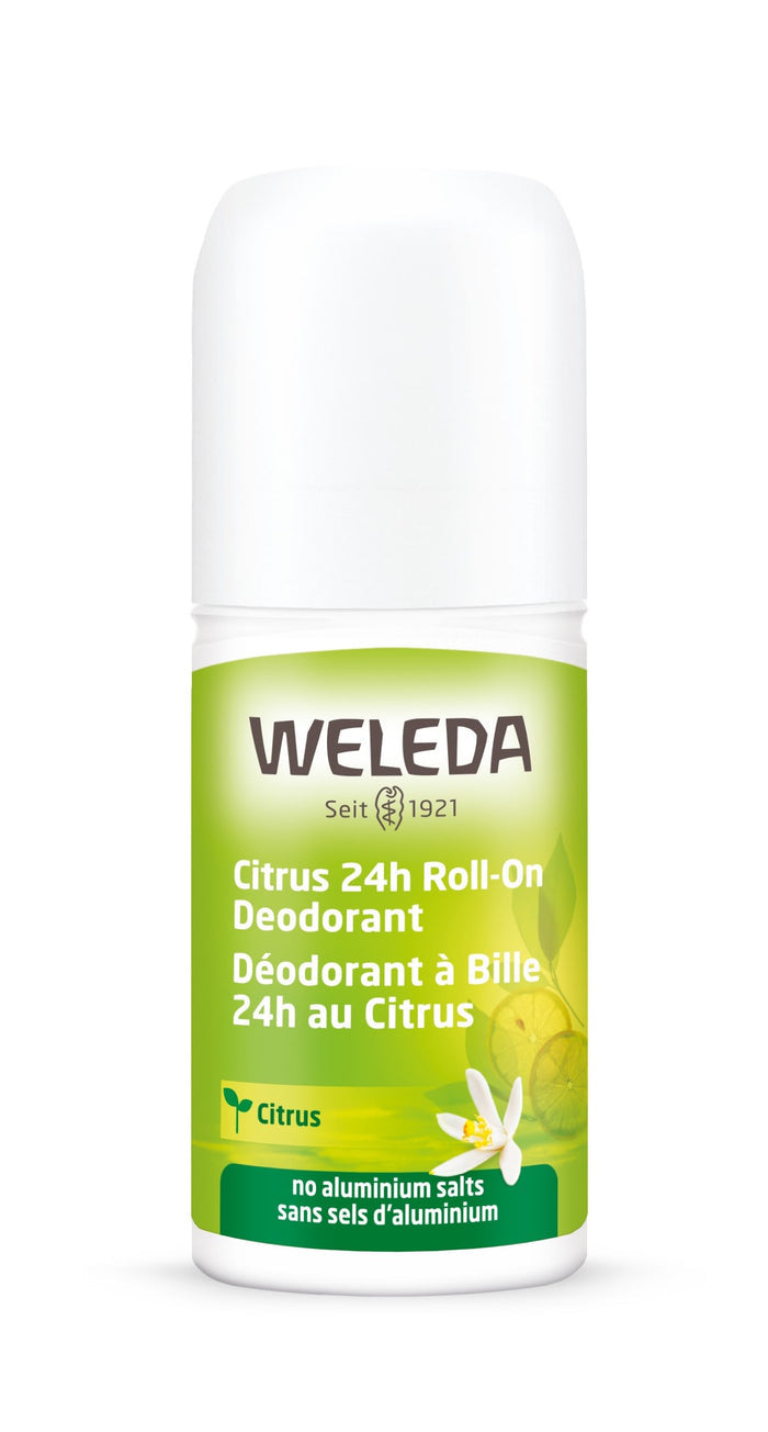 The Weleda Citrus 24h Roll-On Deodorant comes in a cylindrical bottle with a green and white label featuring a citrus graphic. It offers a refreshing citrus fragrance and proudly announces aluminum-free, 24-hour protection.