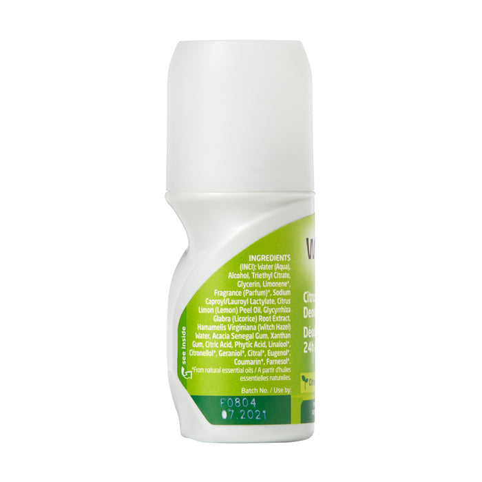The Weleda Citrus 24h Roll-On Deodorant, with a white cylindrical shape and green label, features an aluminum-free formula. It includes ingredients like water, alcohol, essential oils, and a citrus fragrance. The batch number 07/2021 is printed on the bottom while the product is slightly tilted left.