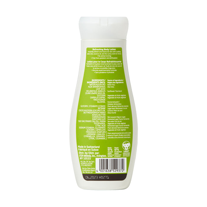 The image shows the back of a Weleda Citrus Refreshing Body Lotion bottle with a white flip-top cap. The green label details product info and ingredients, including hydrating coconut oil, in English and French.