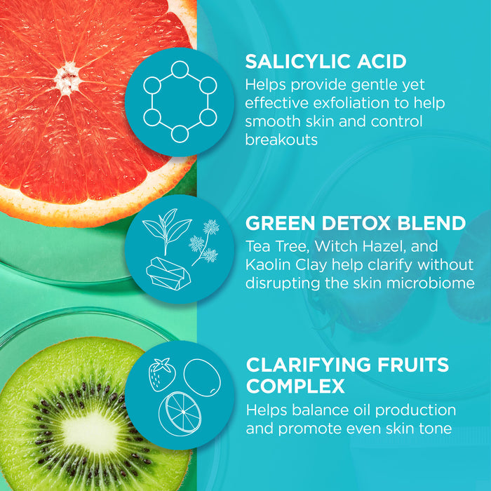 A graphic illustrating skincare ingredients: a slice of grapefruit and a kiwi with text boxes describing Salicylic Acid for exfoliation, Green Detox Blend for clarification, and Clarifying Fruits Complex for balancing oil and skin tone.
