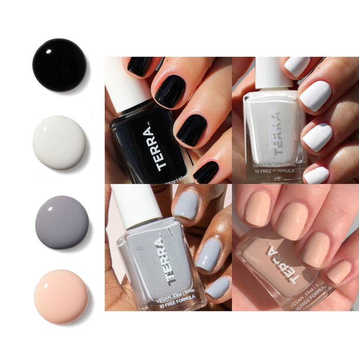 A collage shows Terra Beauty Bars’ Classic Neutral Nail Collection, featuring shades of black, white, gray, and nude. Bottles display TERRA branding with Vegan and 10 Free Formula labels. Each image highlights a different long-lasting color applied on nails.