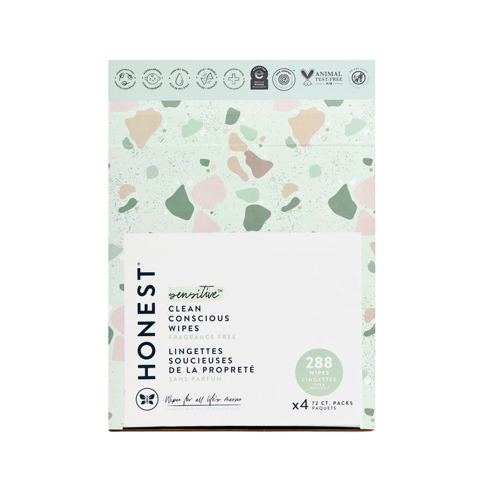 A box of The Honest Companys Clean Conscious™ hypoallergenic wipes for sensitive skin features pastel green packaging with abstract patterns and text stating fragrance free, 288 wipes, and animal test-free certification, making it perfectly gentle for babies.