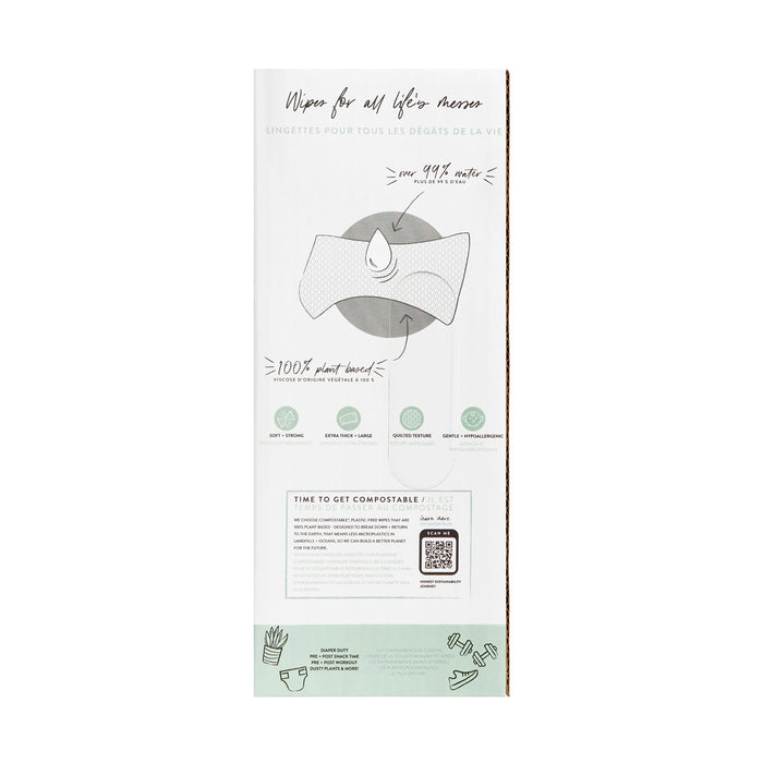 The light green vertical package for Clean Conscious™ Wipes by The Honest Company shows a wipe with a water droplet, labeled 100% plant-based, 99% water, and hypoallergenic. Its ideal for sensitive skin, includes instructions, a QR code, and text in English and French. Perfect baby wipes.
