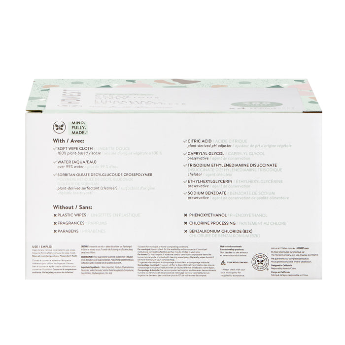 The image shows a box for Clean Conscious™ Wipes by The Honest Company. Features and ingredients in English and French highlight With elements like water, oxyquaternium-1, and citric acid, but Without plastic, fragrance, parabens—perfect hypoallergenic wipes for sensitive skin.