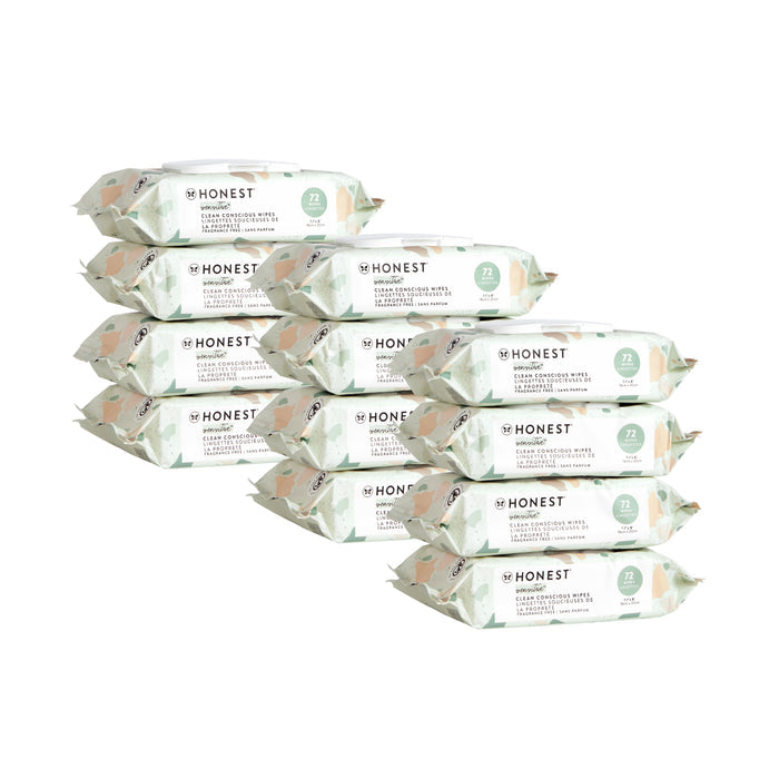 Ten packs of Grove Collaborative baby-wipes are stacked in two columns. The packaging is mainly white with green accents. Each pack contains 72 wipes and features a floral design.