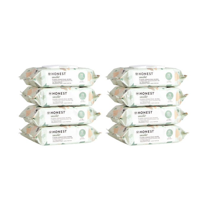 Six packs of Grove Collaboratives Clean Conscious™ Wipes are stacked in two columns. The packaging is white and green with floral patterns and states the product contains 72 wipes per pack.