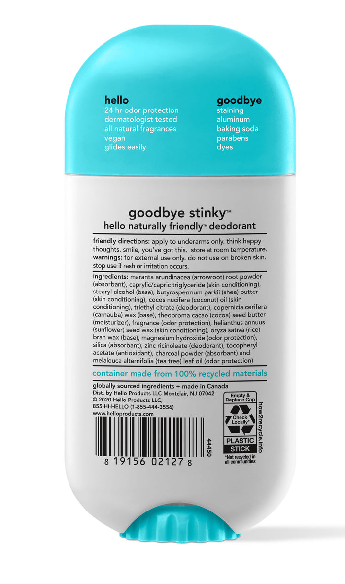 The hello Clean + Fresh Deodorant with Activated Charcoal offers 24-hour odor protection in a blue and white container. Made from natural ingredients like cornstarch and coconut oil, it is vegan, cruelty-free, and packaged in recyclable materials.