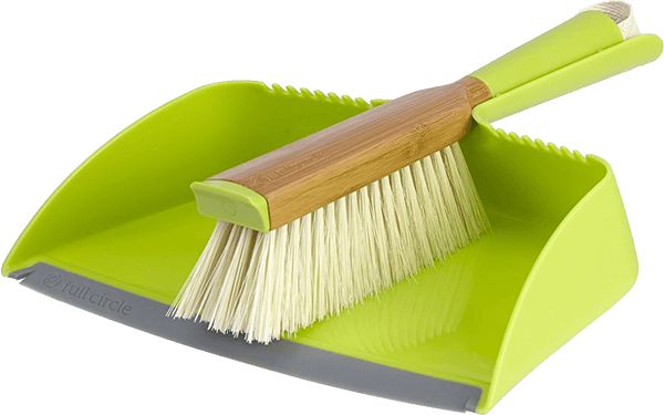 The Clean Team Dustpan & Brush Set by Full Circle features a bright green dustpan and brush with a bamboo handle and cream bristles. The dustpans rubber edge eliminates dirt lines, while its vibrant hue perfectly matches the handle.