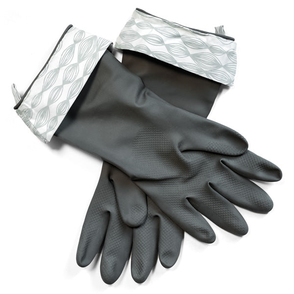 Introducing Grove Co. Cleaning Gloves: durable dishwashing gloves in dark gray with wavy-patterned cuffs, featuring textured palms and fingers for excellent grip, elegantly presented against a white background.
