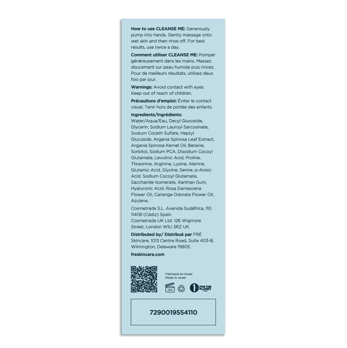 The image shows the back label of FRÉ Skincares CLEANSE ME Foaming Micellar Water, a gentle facial cleanser. It contains usage instructions, ingredient list, warnings, manufacturers contact info, barcode, and QR code.